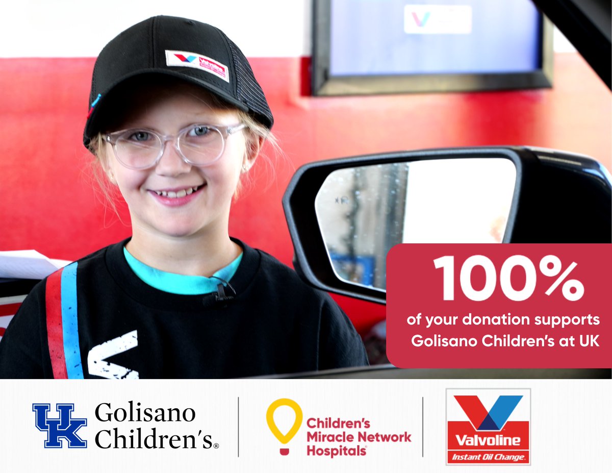 🚗💛 This season, make a difference with your next oil change! Now–Nov. 30, donate at your local <a href="/VIOCOfficial/">Valvoline Instant Oil Change</a> to support <a href="/KCHKids/">Golisano Children’s at UK</a> — and get 10% off your next service! Every dollar helps keep Kentucky’s kids healthy and strong.