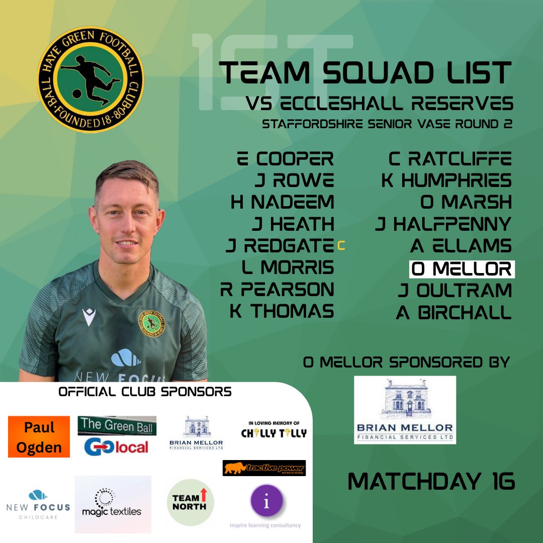 ⚽️ 1ST TEAM SQUAD ⚽️

Here is the First Team squad for the 16th Matchday vs Eccleshall Reserves 💚

Match kindly sponsored by Paul Ogden 🙌🏻