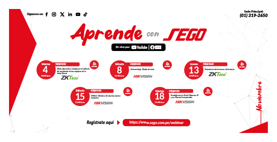 🎓 ¡Noviembre llega con nuevos #Webinars gratuitos de #AprendeConSEGO!

📡 Aprende con expertos de #Hikvision y #ZKTeco sobre redes, control de acceso, alarmas e IA en cámaras.

🔗 Regístrate aquí: sego.com.pe/webinars

#SEGO #SeguridadElectrónica #CapacitaciónSEGO