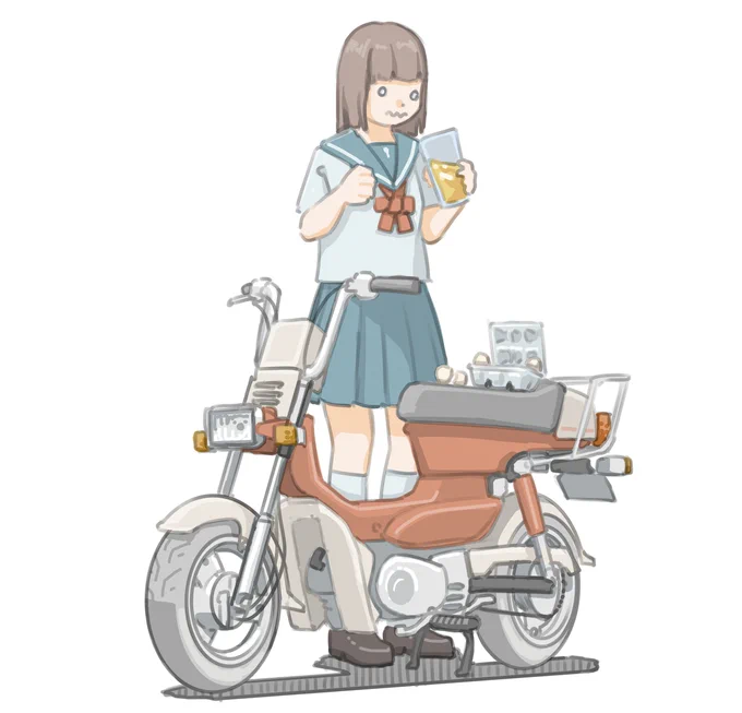 ロッキーに憧れてさっき買ってきた生卵を一気飲みしようとする女子です。 (スズキ ランディー50)【再掲】 #バイクJK