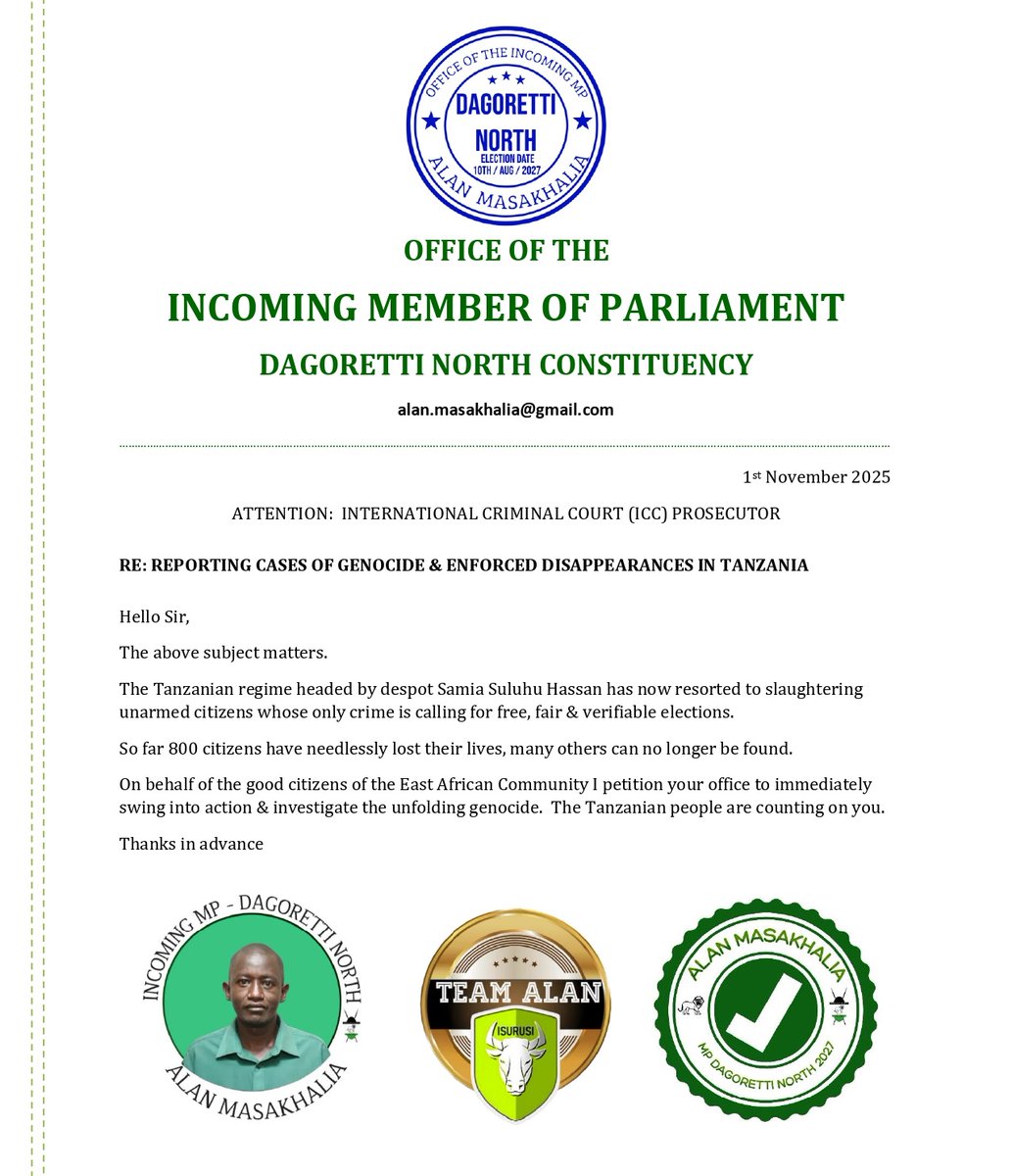 alarnies's tweet image. I have this morning on behalf of East Africans submitted this brief petition to the Hague @IntlCrimCourt Prosecutor @KarimKhanQC 

The ongoing genocide in Tanzania MUST be stopped

#ICCprocess 
#TanzaniaRising #NoReformNoElections #SuluhuMustGO 
#EndCCM64Years #IdiAminMama #MO29