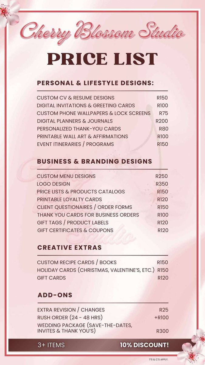 rainkoro04's tweet image. Kinda important. My friend got fired recently and she started a digital design business to try making some money while she's outta work. It's not much, but I wanna help her out any way I can

(Currency is in South African Rand, so convert price accordingly uwu)