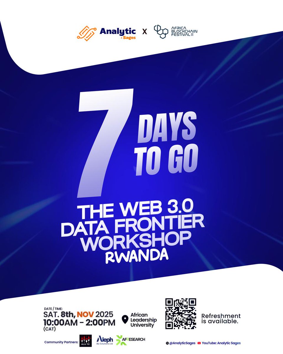 AnalyticSages's tweet photo. One week to go! 🚀

The journey to becoming a data strategist starts in 7 days.

Finalize your notes and get your questions ready!

#DataStrategy #OnChain #Countdown https://t.co/m0f6IPXjoQ