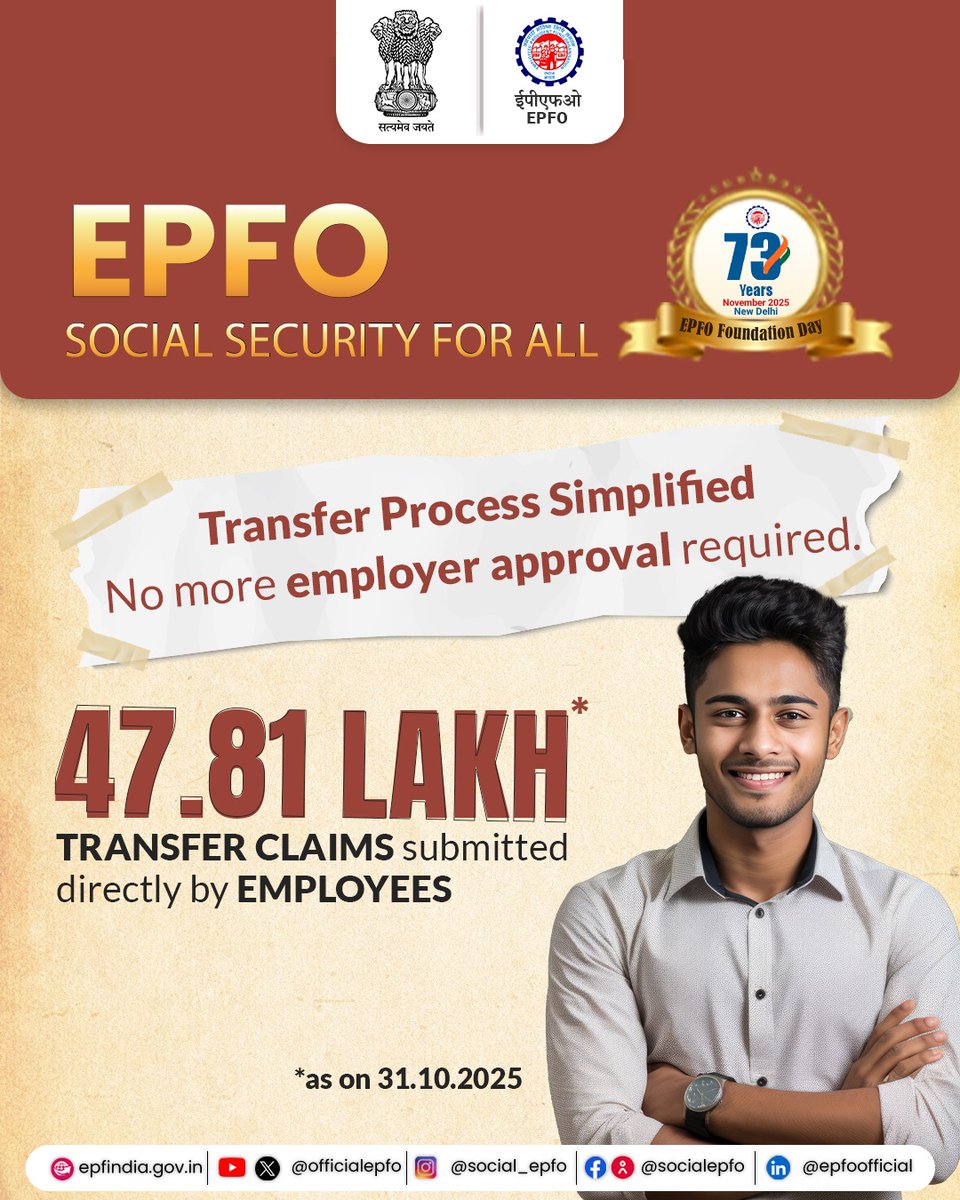 DDTamilNews's tweet photo. #73YearsOfEPFO | பரிமாற்ற செயல்முறை எளிமையாக்கப்பட்டது
EPFO பரிமாற்றத்திற்கு இனி முதலாளியின் ஒப்புதல் தேவையில்லை.இதனால் 47.81 இலட்சம் பரிமாற்ற கோரிக்கைகள் ஊழியர்களால் நேரடியாகச் சமர்ப்பிக்கப்பட்டுள்ளன
@mansukhmandviya | @officialepfo | #epforeforms | #DDTamilNews https://t.co/9swEKOovsZ