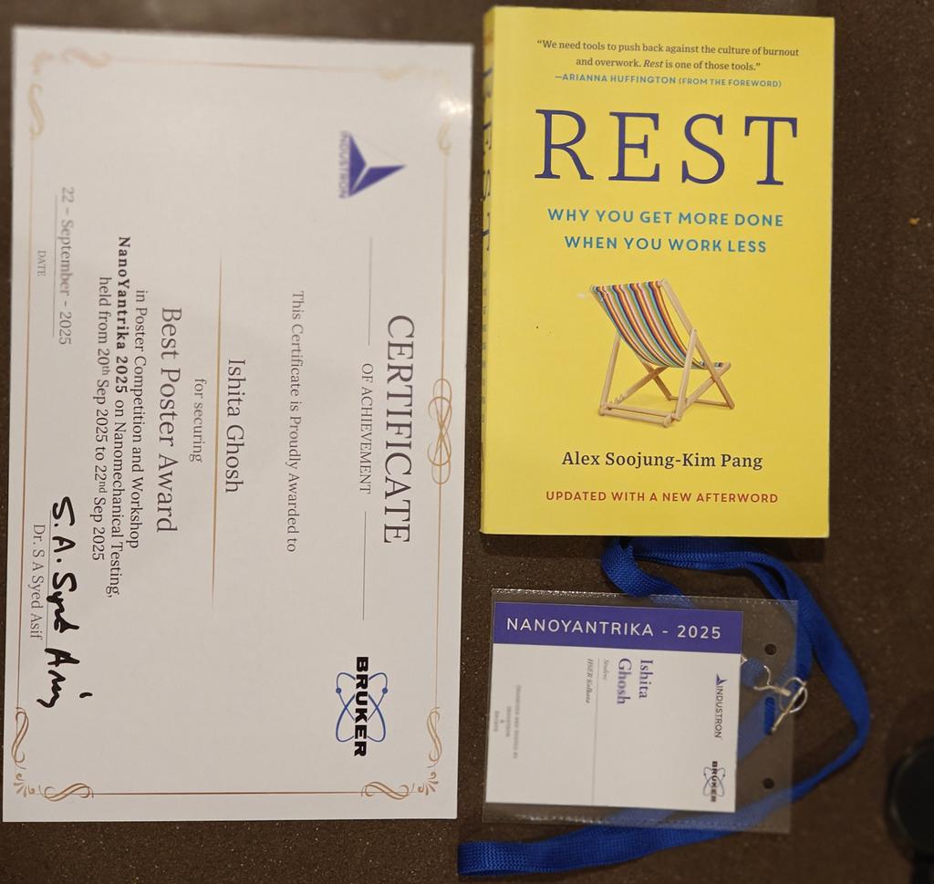 ishita_gh's tweet photo. Glad to attend #Nanoyantrika Conference on mechanical properties held in Trivandrum 20-22 Sept. 2025. Thanks to the organising team for giving me an opportunity to showcase my work on electromechanical properties of molecular crystals. Grateful for #bestposter award. https://t.co/OFtOQwI6XN