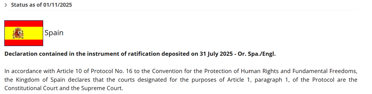 Hoy entró en vigor en España el Protocolo 16 al Convenio Europeo de #DerechosHumanos que permite a altos tribunales nacionales, el T. Constitucional y el T. Supremo en España, pedir opiniones no vinculantes al Tribunal Europeo de DDHH. #TEDH Protocolo 16 👉tinyurl.com/38v9uk2x