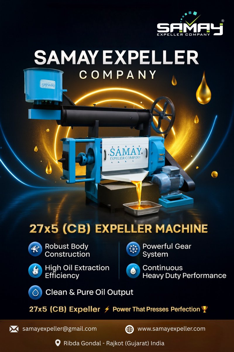 Samay_Expeller's tweet image. 🌾 27x5 Casting Body Oil Expeller 💪 — Designed for Multiple Seeds! ⚙️
#SamayExpeller#27x5OilExpeller⚙️ #CastingBodyMachine💪 #HeavyDutyExpeller 🔩 #OilExtraction🌾#GroundnutOilMachine 🥜 #MustardOil 🌻#SesameOil 🌿#SunflowerOil🌞  🧺  #PowerOfCasting ⚙️#ExpellerManufacturer