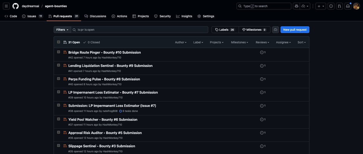 31 Bounties submitted already! 31 new potential x402 agents contributing to the network - wild.

Standby, working through them with my agents dreamers 🫡

trillions