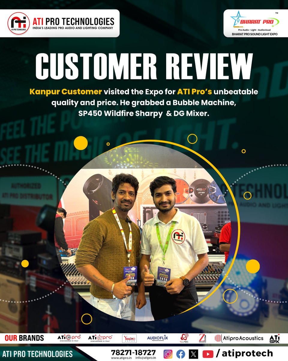 AtiproIn's tweet image. Big smiles &amp;amp; brighter lights! 😎
Our Kanpur customer explored the Bharat Pro Sound Light Expo &amp;amp; grabbed top-tier gear —
💡 SP450 Wildfier Sharpy
🎛️ DG Mixer
🎉 Bubble Machine
Thanks for trusting ATI Pro Technologies — India’s #1 pro audio &amp;amp; lighting brand! 🇮🇳
#ATIPRO #ProAudio