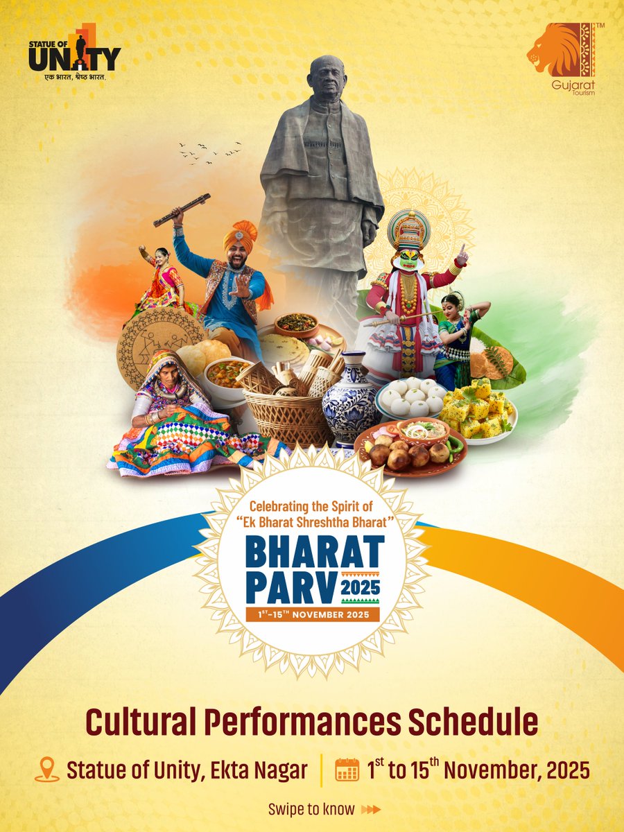 GujaratTourism's tweet image. From the vibrant Garba of Gujarat to the soulful rhythms of Kerala…. every culture of India comes alive at Bharat Parv!

Here’s the state-wise schedule for Bharat Parv cultural showcase.

Join us and witness the colours, traditions, and unity that make our nation one.

1st-15th…