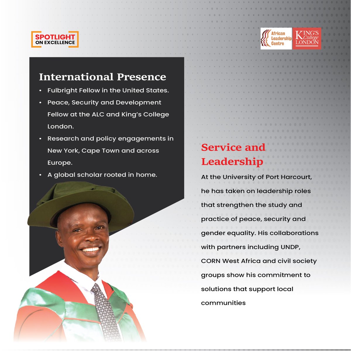 The <a href="/ALC_KCL/">African Leadership Centre</a> proudly celebrates two outstanding members of our alumni community whose achievements embody the Centre’s vision of African-led scholarship and leadership.

Prof. Kialee Nyiayaana, newly promoted to Professor of International Relations and Conflict Studies at the