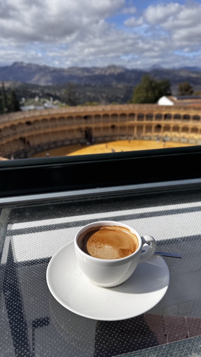 Early morning Coffee, overlooking the Plaza de Toros de Bullring in Ronda 🇪🇸 
Perfect start to the day.