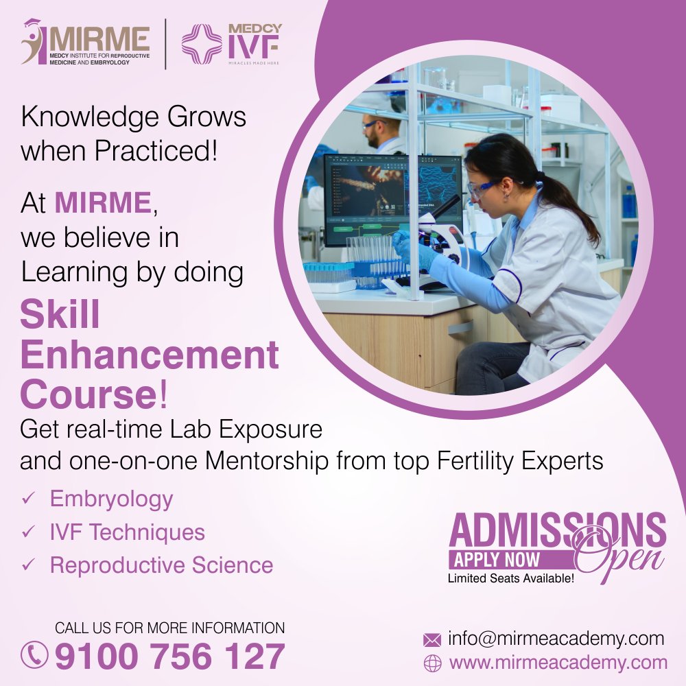 medcyinstitute's tweet image. Knowledge Grows When Practiced! 🌱
At MIRME – Medcy Institute for Reproductive Medicine and Embryology, we believe in learning by doing!

📞 9100 756 127
🌐 mirmeacademy.com

#MIRME #EmbryologyTraining #MedcyInstitute #IVFTechniques #ReproductiveScience #FertilityEducation