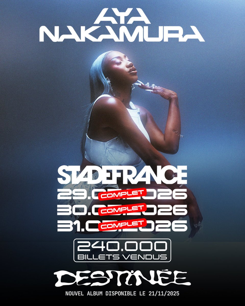 #MUSIQUE:  Aya Nakamura annonce trois concerts consécutifs au Stade de France, avec toutes les places déjà réservées !  
 <a href="/AyaNakamuraa/">Aya Nakamura</a> #StadeDeFrance