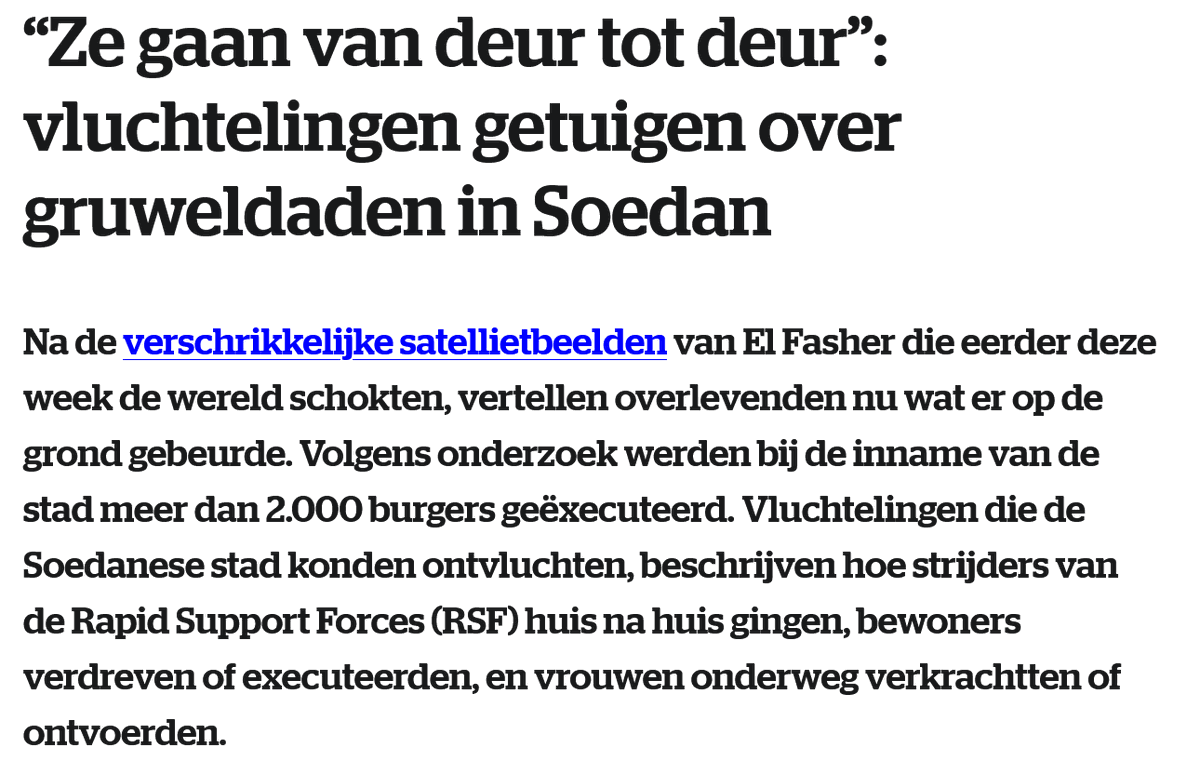 Soedan:
- de daders zijn moslims.
- je kan er geen anti-westers verhaal aan ophangen.
- er zijn geen joden bij betrokken.

=> geen "genocide", geen demonstraties, geen parlementaire vragen,...

Nooit gedacht dat Soedanezen uiteindelijk de linkse hypocrisie zouden aantonen.