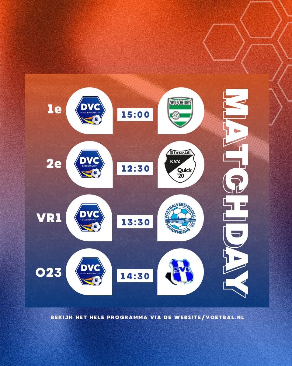 𝗠𝗔𝗧𝗖𝗛𝗗𝗔𝗬!
⚽️ DVC Dedemsvaart - <a href="/zwolscheboys/">SV Zwolsche Boys</a> 
🏟 Sportpark de Boekweit, Dedemsvaart
🕒 15:00
📱 #hupééntwee #DVC #3Ooost