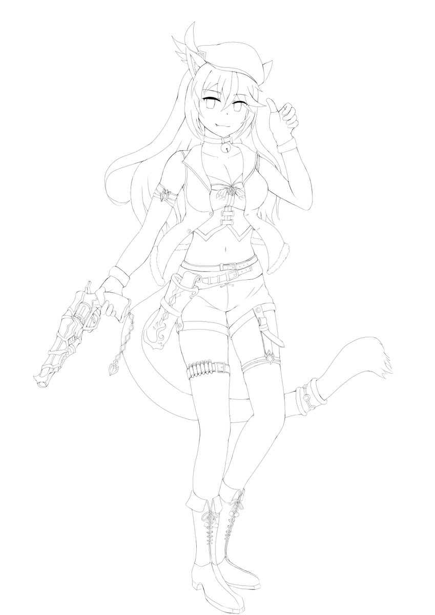 uma0666's tweet photo. 前回描いた子の師匠にあたるキャラの線画がようやくできた。デザイン修正で何度も描き直したから、線画だけで２週間以上かかってる。レイヤーも多くなりそうだけどやりごたえはありそうで楽しみです。 https://t.co/KVFMkJoA0R