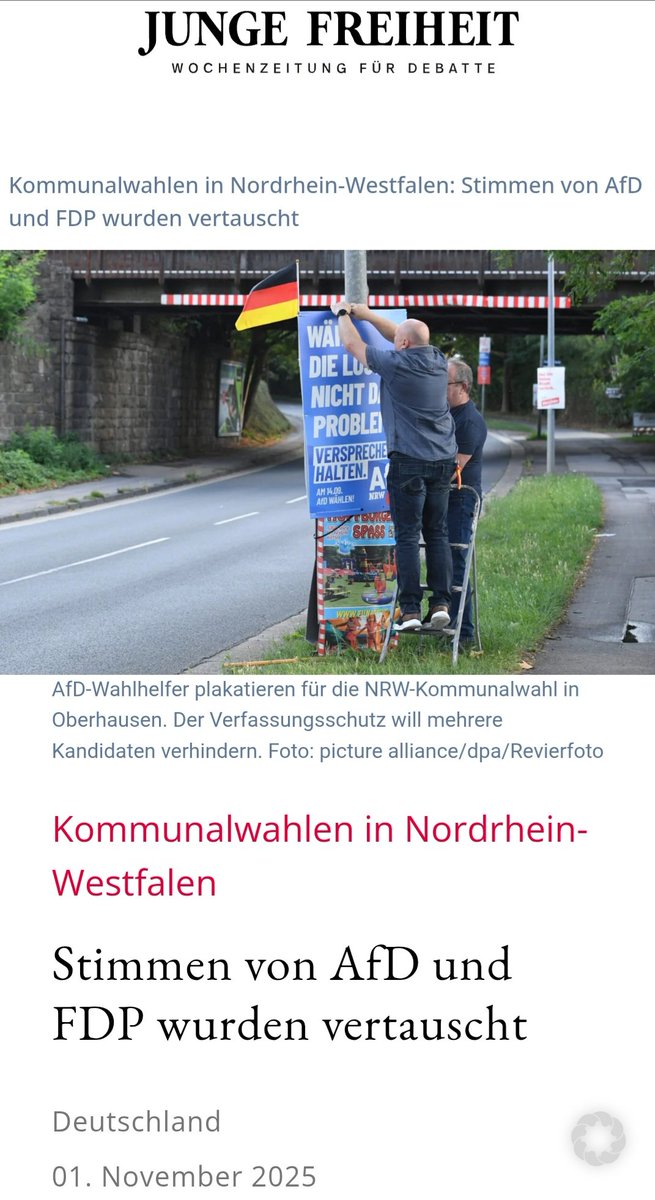 Na sowas: schon wieder eine "Panne" bei der Kommunalwahl NRW: erst starben 7 AfD-Kandidaten &amp; jetzt wurden auch noch Stimmen vertauscht... 🤔

jungefreiheit.de/politik/deutsc…