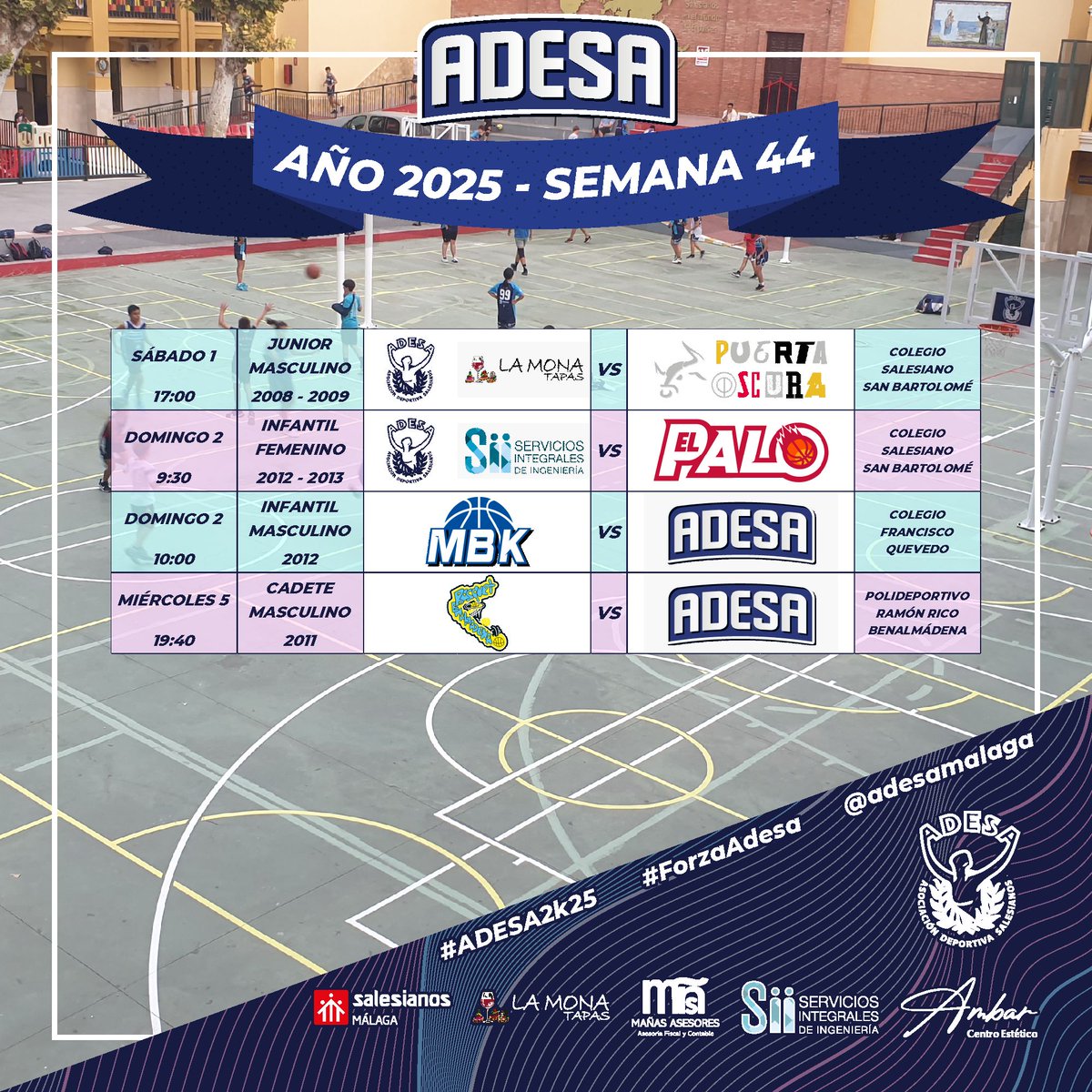 Pese al día festivo seguimos acogiendo partidos en el que el patio de 
<a href="/SalesianosMLG/">Salesianos Málaga</a>. Tres partidos en el finde semana más uno aplazado al Miércoles para nuestros equipos, todos pertenecientes a competiciones de <a href="/FAB_Malaga/">FAB Málaga</a>.

#ADESA2k25 #ForzaAdesa #ProtagonistasDeLaHistoria