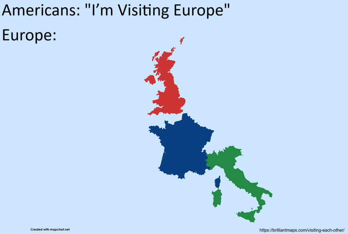 Americans: “I’m Visiting Europe”

Europe: 

Europeans when they visit America: brilliantmaps.com/visiting-each-…