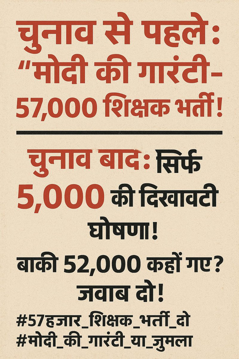 छत्तीसगढ़ राज्य स्थापना दिवस पर युवाओं का सवाल —
"भर्ती दो, बेरोजगारी हटाओ!"
मोदी जी से यही सवाल पूछेंगे!
#57हजार_शिक्षक_भर्ती_दो #मोदी_की_गारंटी_या_जुमला