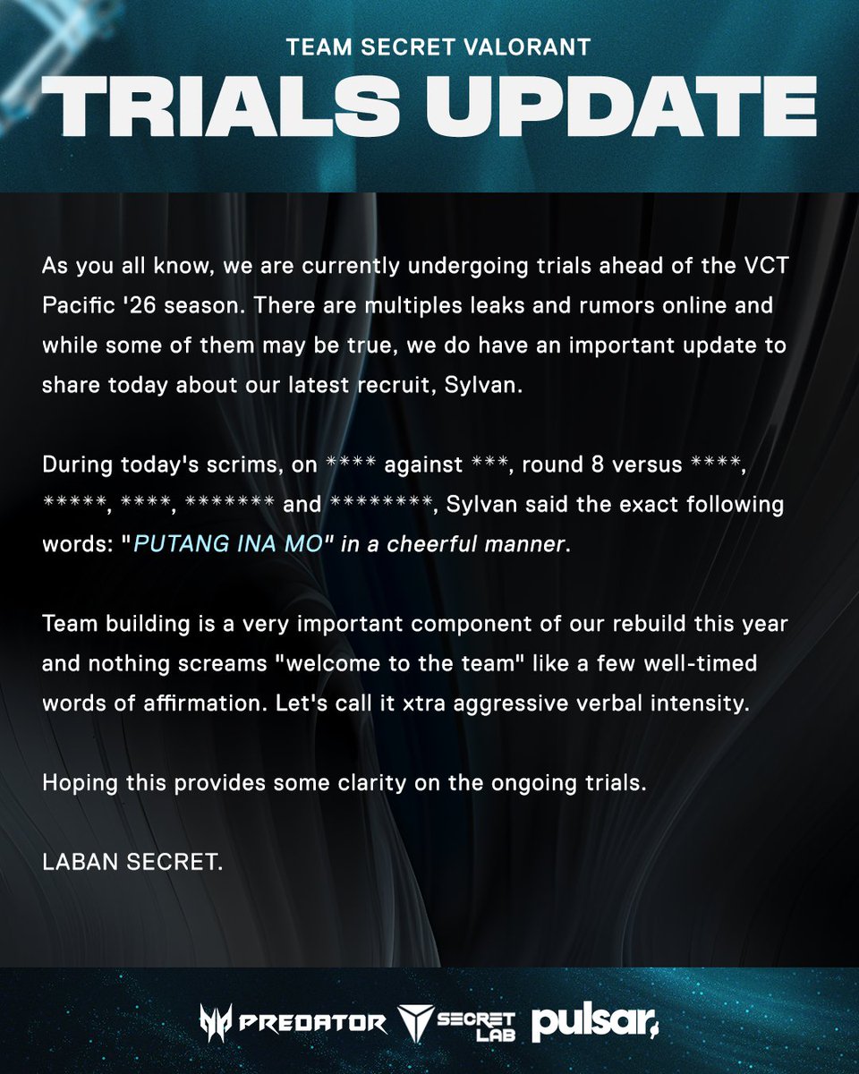 teamsecret's tweet image. An update on our ongoing VALORANT trials.

#ItLiesWithin