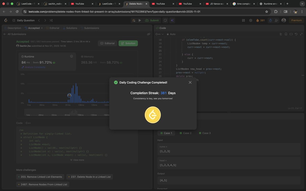 Sachin25660937's tweet image. 🌅 Day 15 of #100DaysOfCode
Another productive day!
Solved LC 3217 – Delete Nodes From Linked List Present in Array ✅
🧩 Focused on efficient linked list traversal
⚙️ Used hash set for quick lookups
💡 Simple yet elegant logic
#LeetCode #Coding #BuildInPublic #DSA