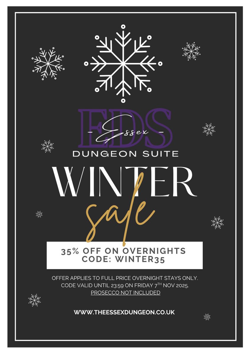 Our winter promo is now live with a 35% discount, valid until November 7th. Book now and use the code at checkout. You can book multiple times and extend your calendar booking as far as you’d like (excluding prosecco). 

<a href="/BayswaterDS/">Bayswater Dungeon Suite</a> <a href="/EssexDungeon/">Essex Dungeon Suite</a> <a href="/Londondungeons/">London Dungeon Suite</a> <a href="/MaidavaleDS/">Maida Vale Dungeon Suite</a>