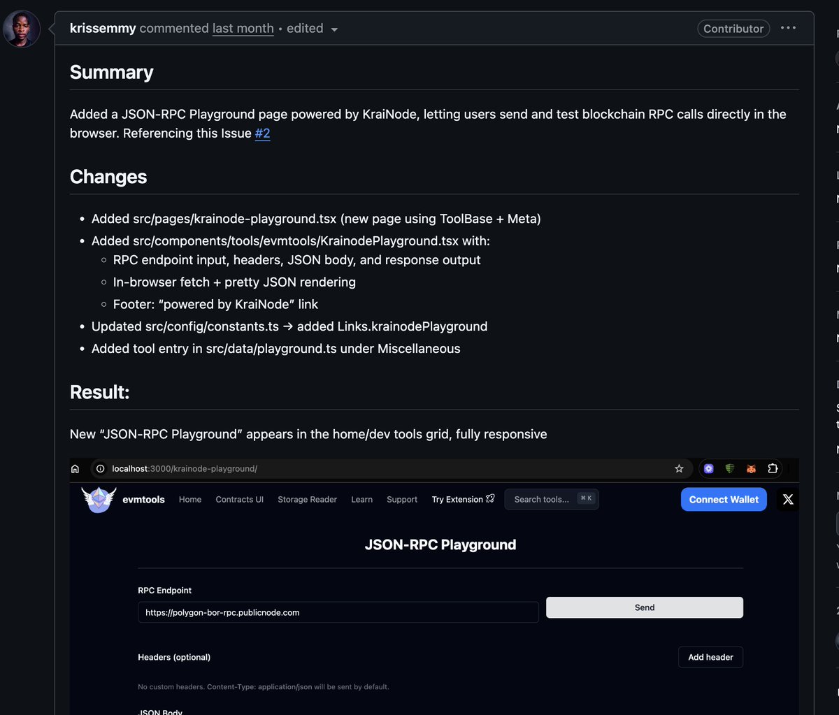 evmtools_xyz's tweet image. Thank you @chris__emma for contributing to RPC playground 🎊🤝