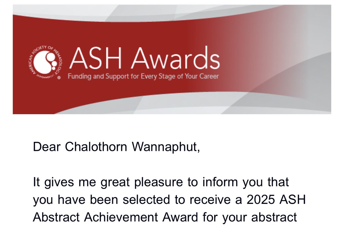 Sai_Wannaphut's tweet photo. 🌟Honored to receive the 2025 ASH Abstract Achievement Award! 🩸
🙏Grateful to @ASH_hematology for this recognition, and to my mentors, collaborators, and patients who inspire our work every day.
✨Excited to share our work at #ASH25 in Orlando this December!
🔗https://t.co/CPbzgUDoLV
#HemeTwitter #MedTwitter #Hematology #WomenInHematology #WomenInMedicine