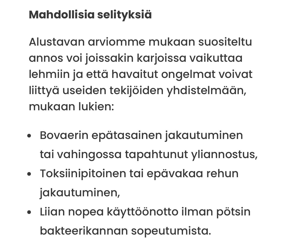 Tanskalainen maatalouden eläinlääkinnällinen neuvontapalvelu LVK on julkaissut artikkelin, jossa kertovat tietoonsa tulleen useita tapauksia lehmien sairastumisista Bovaerin johdosta.

"Useat karjatilat ovat ruokkineet Bovaeria osana ilmasto-ohjelmaa 1. lokakuuta lähtien. Tässä