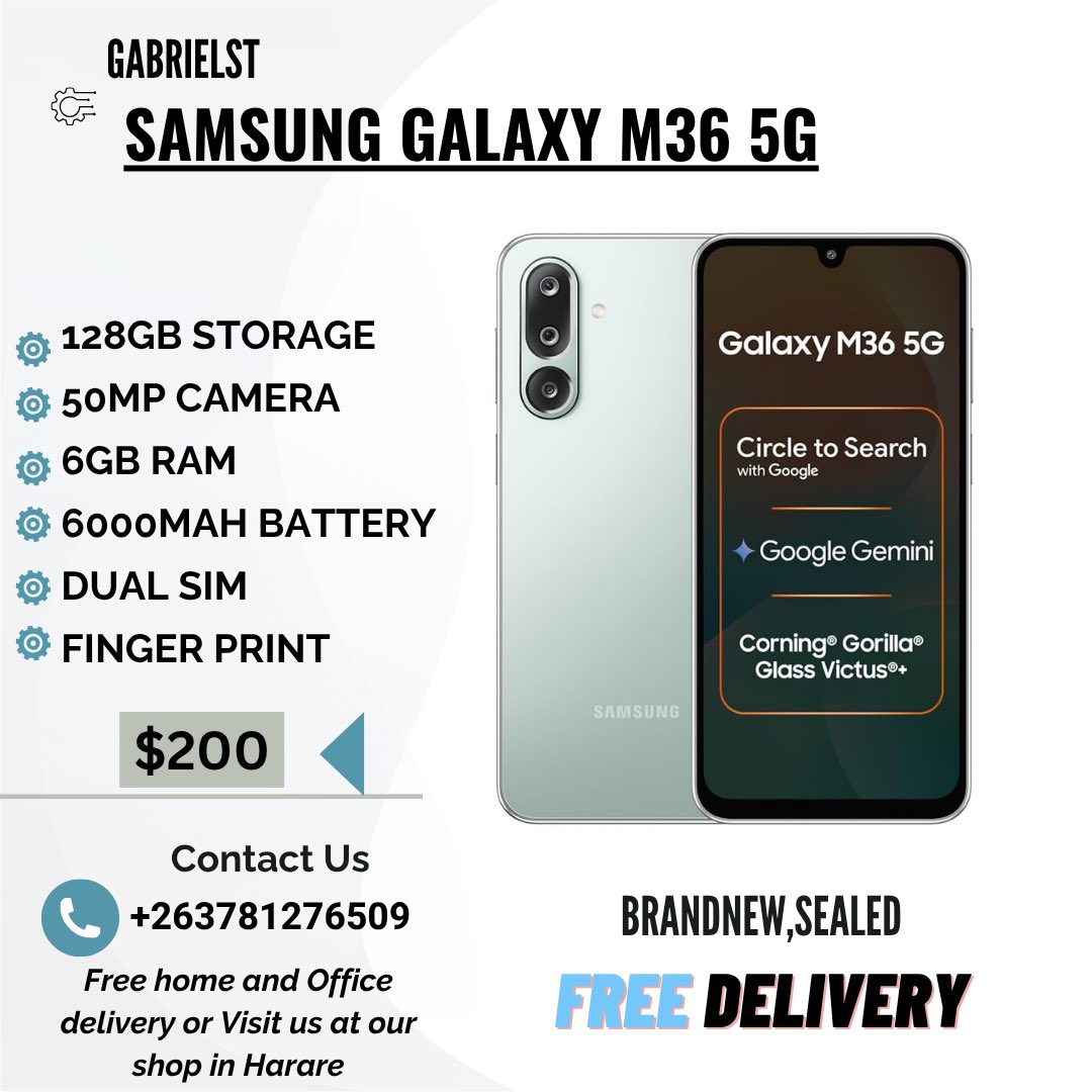 HiGabrielST's tweet image. 6000mAh battery 🔋 = full day power with no stress!

Get the Samsung M36 5G for just $200
128GB | 6GB RAM | 50MP Camera | Dual SIM

Free delivery ✅
Brandnew &amp;amp; sealed ✅

WhatsApp: +263781276509

#LongBatteryLife #SamsungZimbabwe #Harare #ZimPhones #Tech2025 #ZimMarket #M36