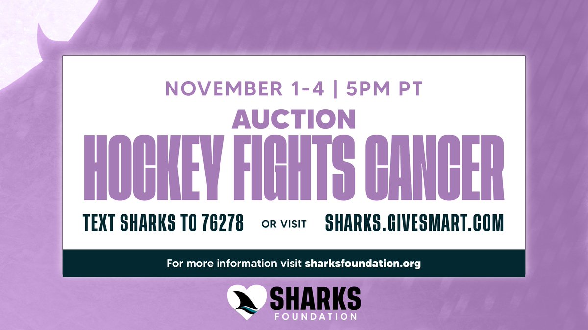 Join the fight this Hockey Fights Cancer Month presented by <a href="/KPSantaClara/">Kaiser Permanente Santa Clara</a> &amp; <a href="/KPSanJose/">Kaiser Permanente San Jose</a> 💜Support the Sharks Foundation’s mission and bid now at sharks.givesmart.com or text SHARKS to 76278!