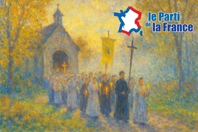 An impressionist-style painting depicts a group of women in white dresses and a priest in black robes carrying candles and a cross in a procession outside a stone church with a steeple, set in an autumnal landscape with yellow trees and a path, overlaid with the French flag and text Le Parti de la France.