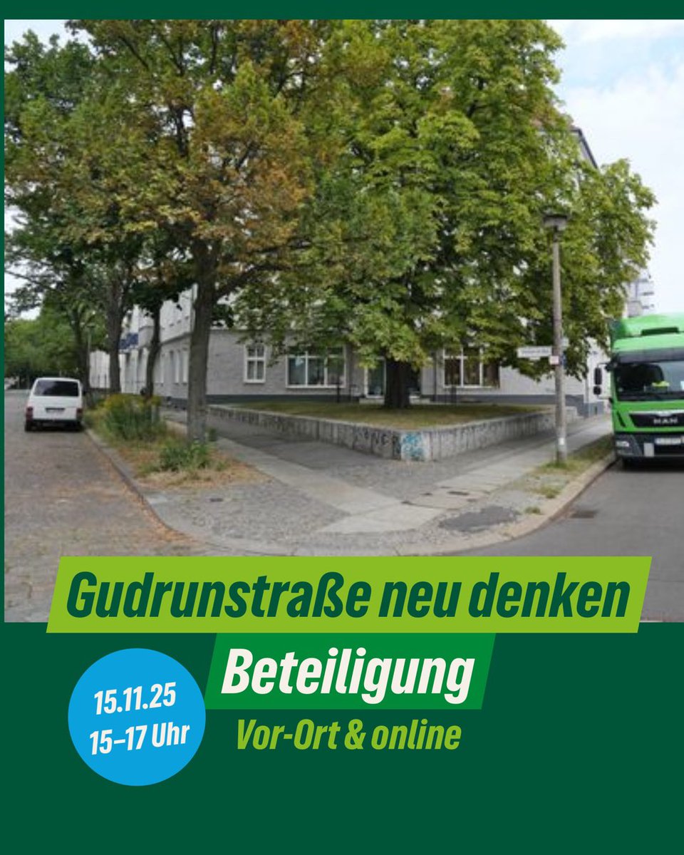 DiverseView's tweet image. 🌿 Mitreden bei der Neugestaltung der Gudrunstraße!
🗓️15.11. |15–17 Uhr
📍Gudrun-/Rüdigerstr.
Die Gudrunstr. soll verkehrssicherer, grüner &amp;amp; barrierefreier werden –gemeinsam mit den Menschen,die hier leben.
Bringen Sie Ihre Ideen ein!
💻Online-Beteiligung: mein.berlin.de/projekte/feedb…
