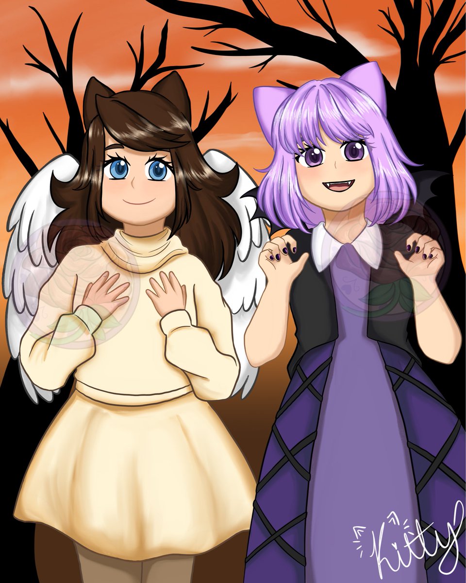 🎃 Happy Spooky Season! 🎃 
I got off late at work last night then got ready straight away for Karaoke! But here’s my OCs Kayoko and Catalyst dressed up for Halloween! Hope everyone had a fun night! See you tonight for a Halloween stream of our own! 🥳🥹 #artwork #Halloween