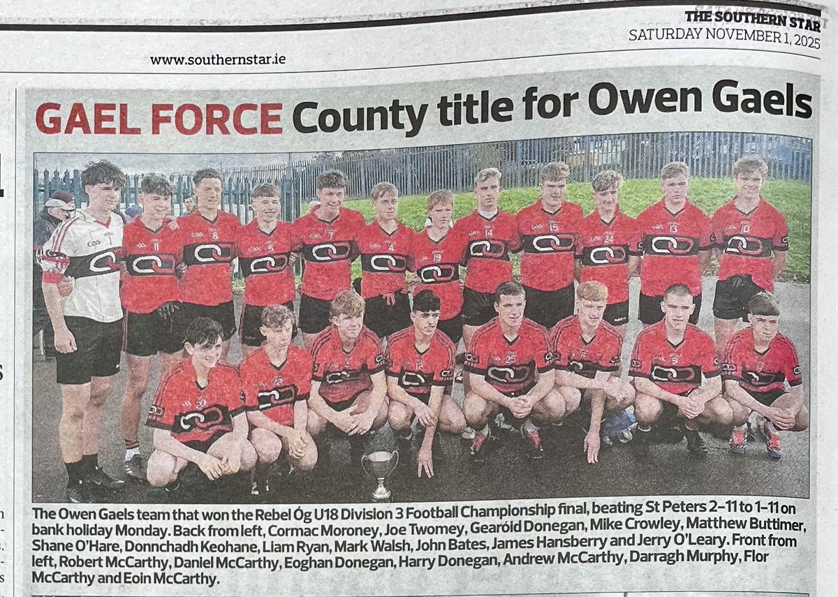 A Photo of Owen Gaels 
U18 County Champions 
on this Weeks the
Southern Star Newspaper.

<a href="/KieranMcC_SS/">Kieran McCarthy</a>