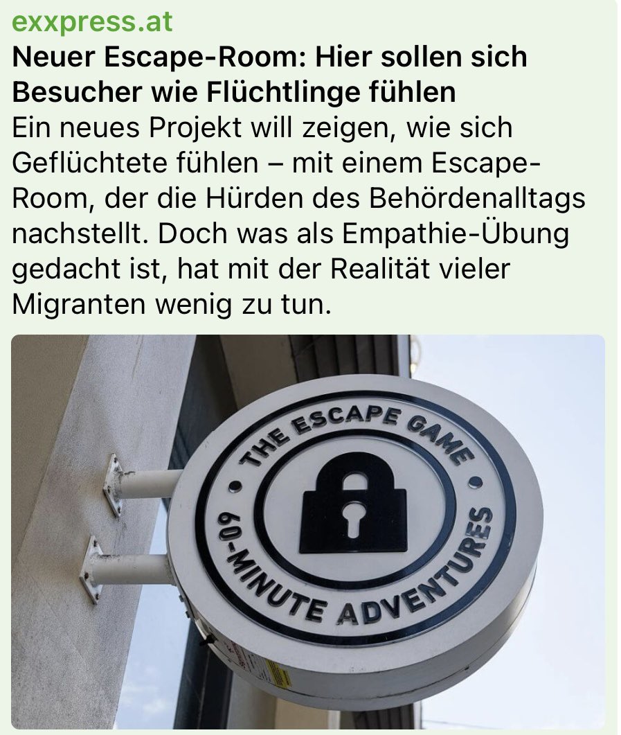 Aber ansonsten hat man in Deutschland keine Probleme, oder? 

‼️👉 🤓  Neuer Escape-Room: Hier sollen sich Besucher wie Flüchtlinge fühlen

„Das Projekt „UNbekanntes UNbehagen“ ist derzeit in Deutschland unterwegs. Teilnehmer betreten die fiktive „Republik Fremdistan“, in der
