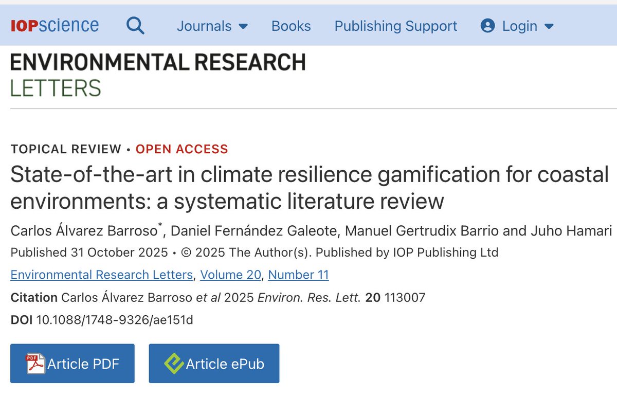 ciberimaginario's tweet image. 🎮 New article: Environmental Research Letters:
“State-of-the-art in climate resilience gamification for coastal environments”
📖 iopscience.iop.org/article/10.108…
Gamification emerging as a key tool to foster behaviors in the face of climate change.
#Gamification #ClimateResilience @urjc