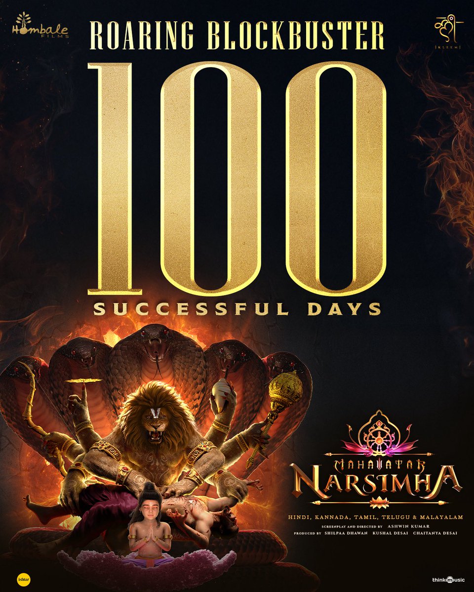100 DAYS of glory. One unstoppable saga! 🔥

#MahavatarNarasimha roars on, rewriting box-office history.
Eternally grateful to our amazing audience for being part of this divine journey. 🙏🏻❤️