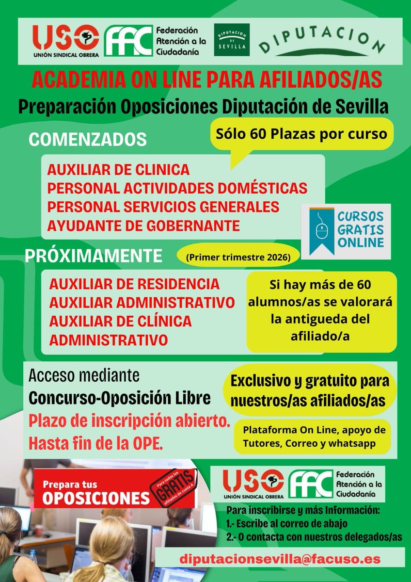 Prepara tu futuro laboral.

Academia On aline gratuita para afiliados/as.

Saca tu plaza con USO Diputación de Sevilla. 

Plazas limitadas. No te quedes sin plaza.

Saca partido a tu afiliación.