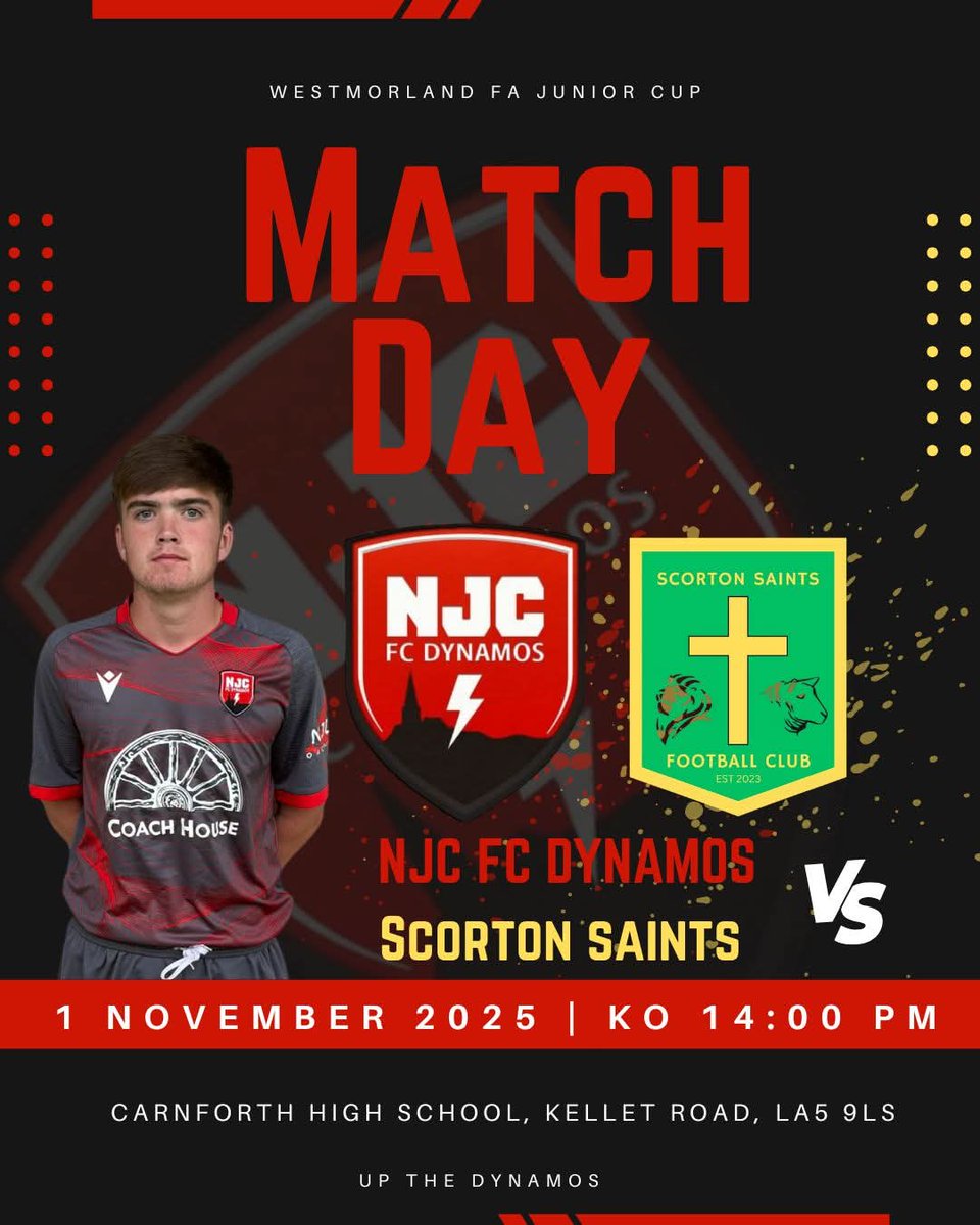 𝐌𝐀𝐓𝐂𝐇𝐃𝐀𝐘

Cup action today as we face Scorton Saints FC in the Junior Cup sponsored by Stramongate Press

🆚️ Scorton Saints 
🏡 Carnforth High School, LA5 9LS
🕖 Kick off 14:00
🏆Junior Cup 

👥 First Team Management Sponsor: Stainsby Joinery &amp; Fencing