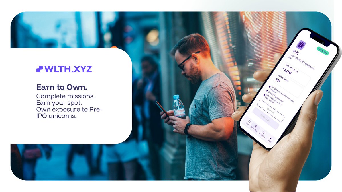 wlthxyz's tweet image. Access meets effort. Effort becomes ownership. 🎯
Complete missions, earn XP, and unlock tokenised Pre-IPO equity in xAI
Join Earn to Own on WLTH now.
Have you started yet?