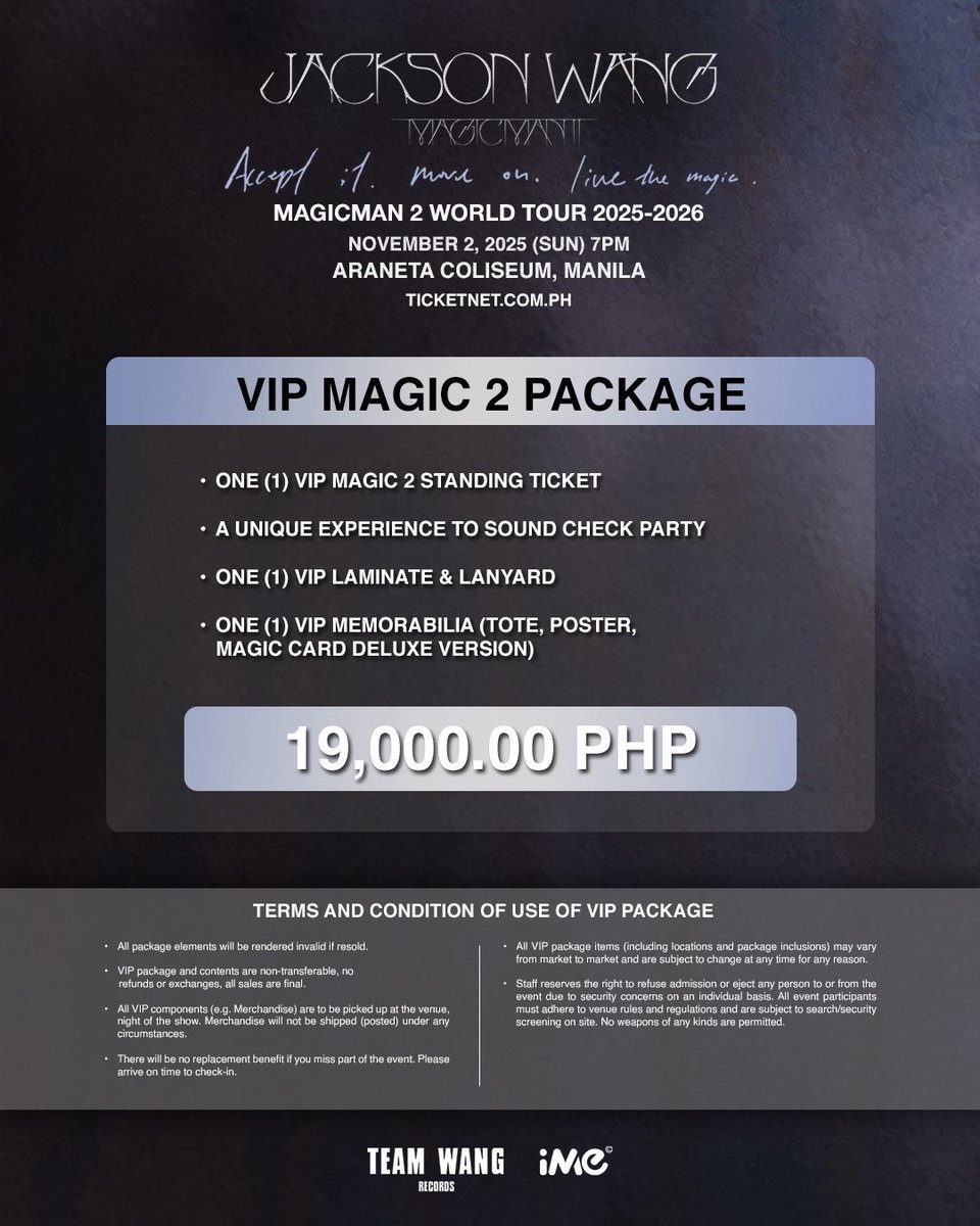 karchivedph's tweet photo. WTS HELP RT LFB PH 

MAGICMAN 2 JACKSON WANG IN MANILA 
VIP MAGIC 2 PACKAGE  
₱16k each 

2pcs with perks 

Physical tickets onhand discounted 
For grab or lalamove delivery 

tags magic 1 patron lower box upper box gen ad
#MAGICMAN2WORLDTOUR #MAGICMAN2 https://t.co/iOOWfz6Zf8