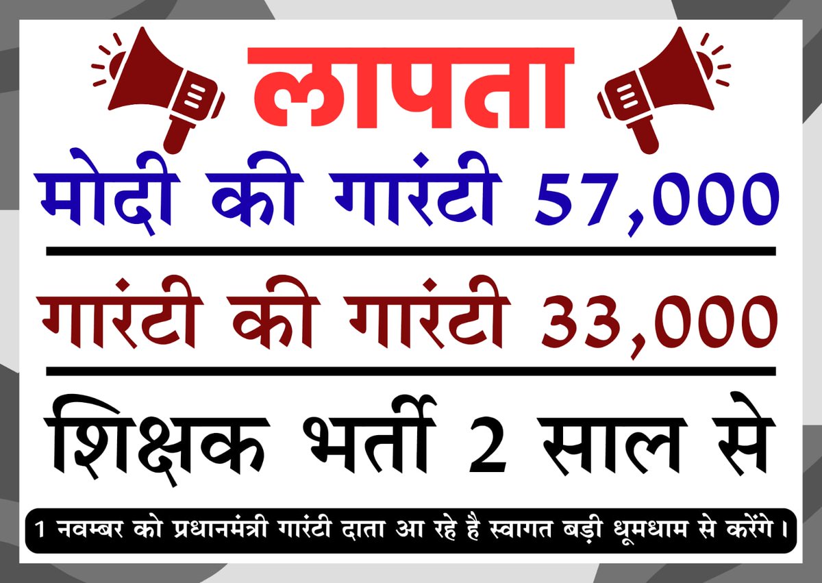 <a href="/narendramodi/">Narendra Modi</a> छत्तीसगढ़ राज्य के स्कूल बिना शिक्षक, स्थापना दिवस पर सवाल —
10,000 स्कूल बंद, 40,000 पद खत्म, 33,000 का झूठ, 16,000 हवा में –
और अब सिर्फ़ 5,000?
ये गारंटी है या धोखा?
#57हजार_शिक्षक_भर्ती_दो #मोदी_की_गारंटी_या_जुमला