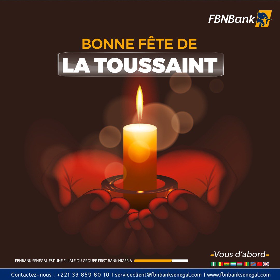🕯️FBNBank Sénégal adresse ses pensées de paix, d’amour et de lumière à toute la communauté chrétienne.

FBNBANK, Vous d’abord !

#FirstBank #FBNBankSenegal #FBNBank #Vousdabord #Toussaint