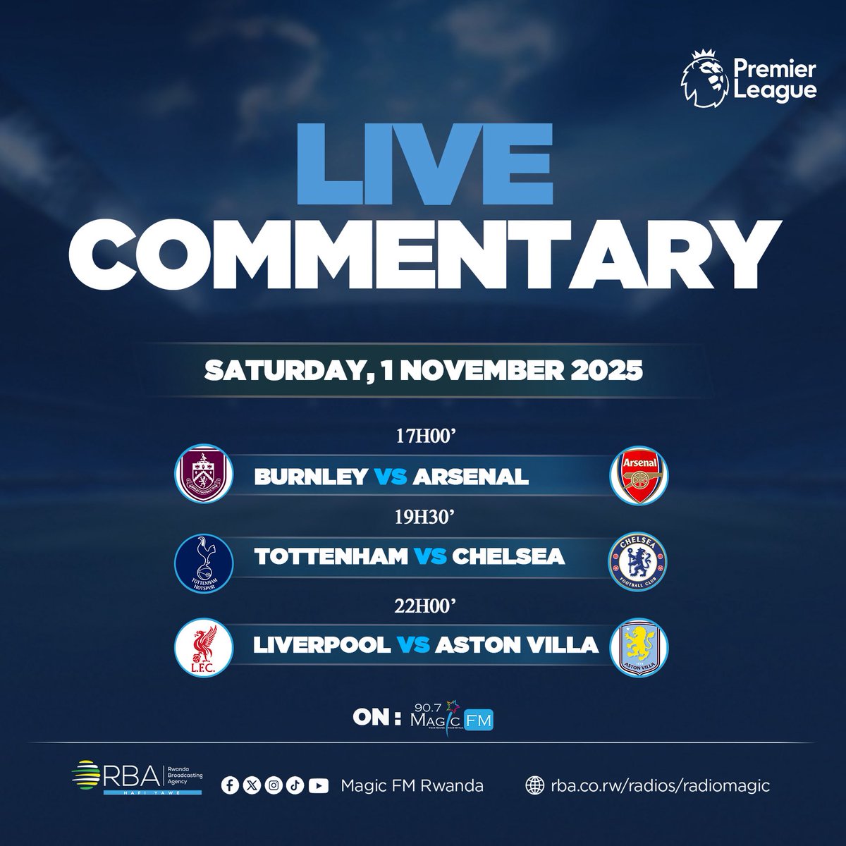 MagicFmRadio's tweet image. Arsenal imaze iminsi itazi ibyo kwinjizwa igitego irasura Burnley. Ese Arsenal irakomerezaho? 

Tottenham nayo irakira Chelsea muri #Derby y'i Londres, Liverpool itamerewe neza yakire Aston Villla.🔥

Izi #macthes zose urazumva kuri #MagicFM 90.7 | 99.3 &amp;amp; 101.3 

#RBASports