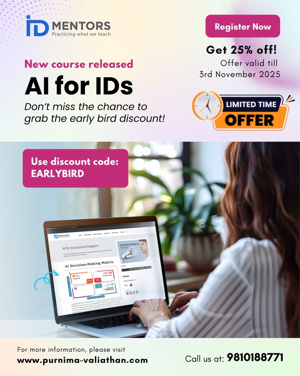 id_mentors's tweet image. Check out the Curriculum and free content here:
purnima-valiathan.com/course/ai-for-…
#ai #artificialintelligencetutorial #artificial_intelligence #instructionaldesign