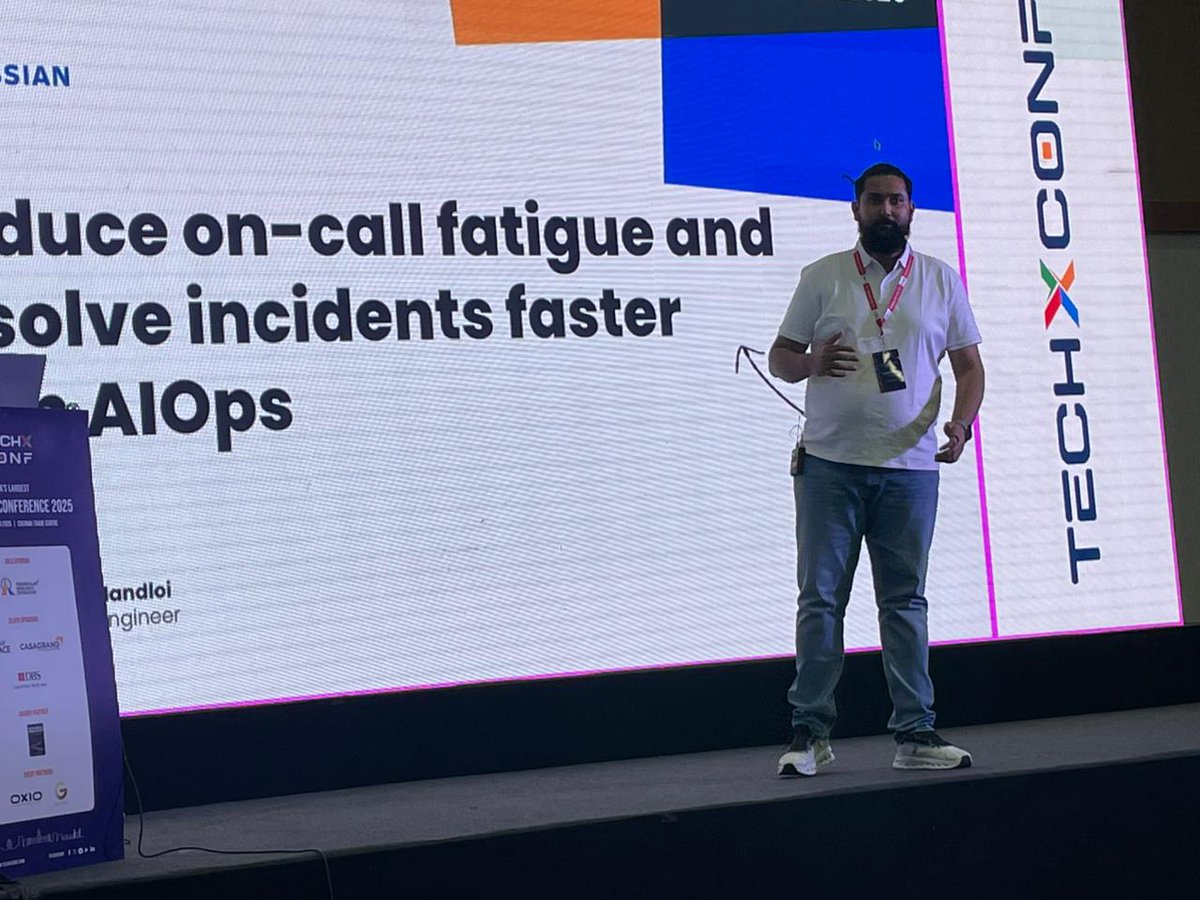 TechXConf's tweet image. 🚀 Live at TechXConf 2025!

In Track 3, Prateek Mandloi is presenting:

🎯 “Reduce On-Call Fatigue and Improve Incident Response Times with Atlassian AIOps.”

Learn how AIOps can streamline incident management, reduce stress on on-call teams, and accelerate response times —…