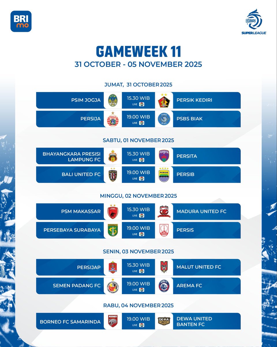 Liga1Match's tweet photo. Jadwal pertandingan
#Gameweek11 https://t.co/q3C3ZqdoFB